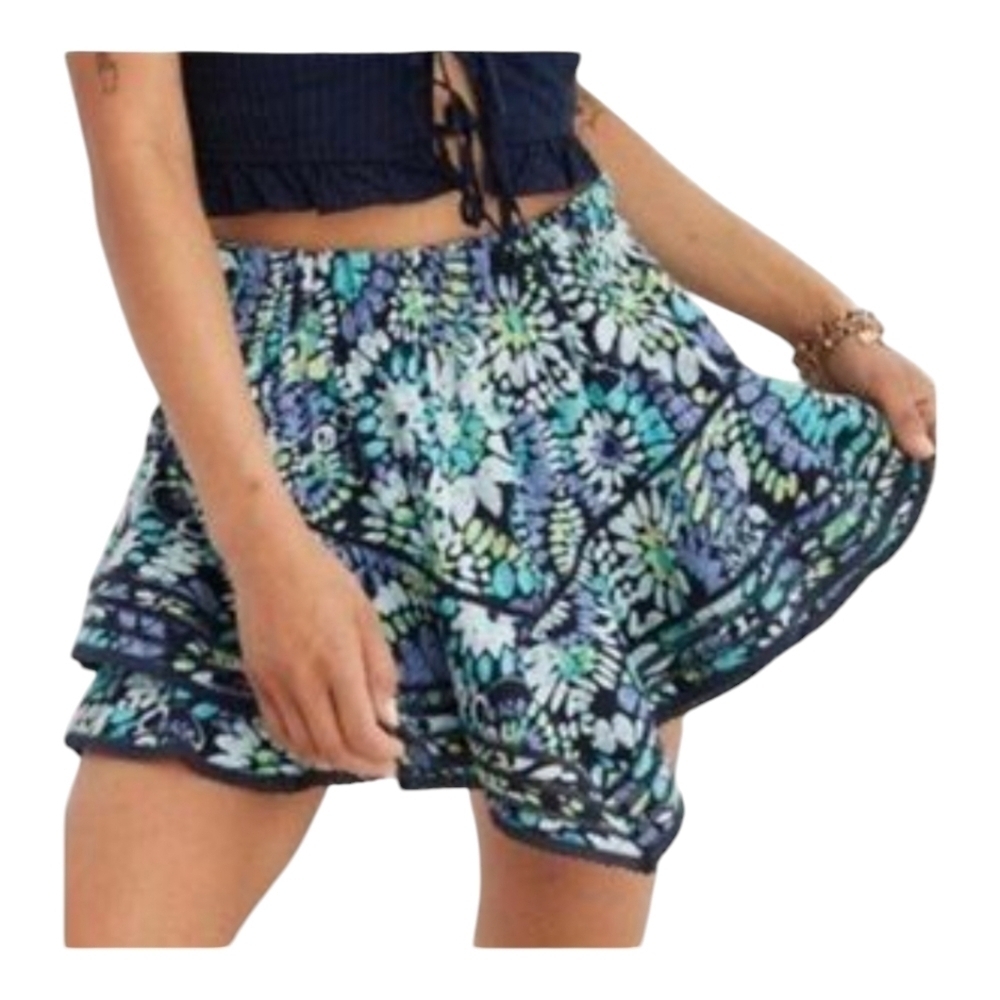 Aerie Floral Skort XS Blue Green Ruffle Mini Skirt Shorts NWT